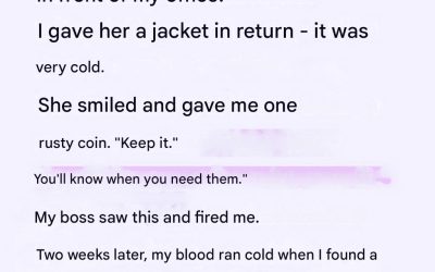 I gave my jacket to a freezing woman, and two weeks later a velvet box turned my world upside down.